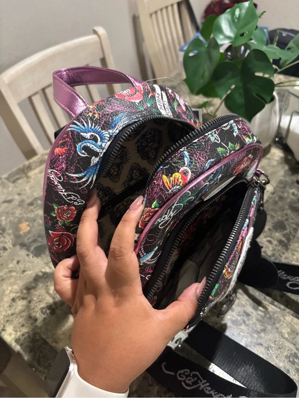 Ed Hardy Black Floral Skull Mini Backpack with Pink Accents